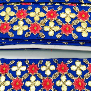Royal Blue Art Silk Fabric Trim, Salmon Pink & Gold Floral Embroidery Gota Patti Indian Sari Border Trim By Yard Decorative Trim Craft Lace